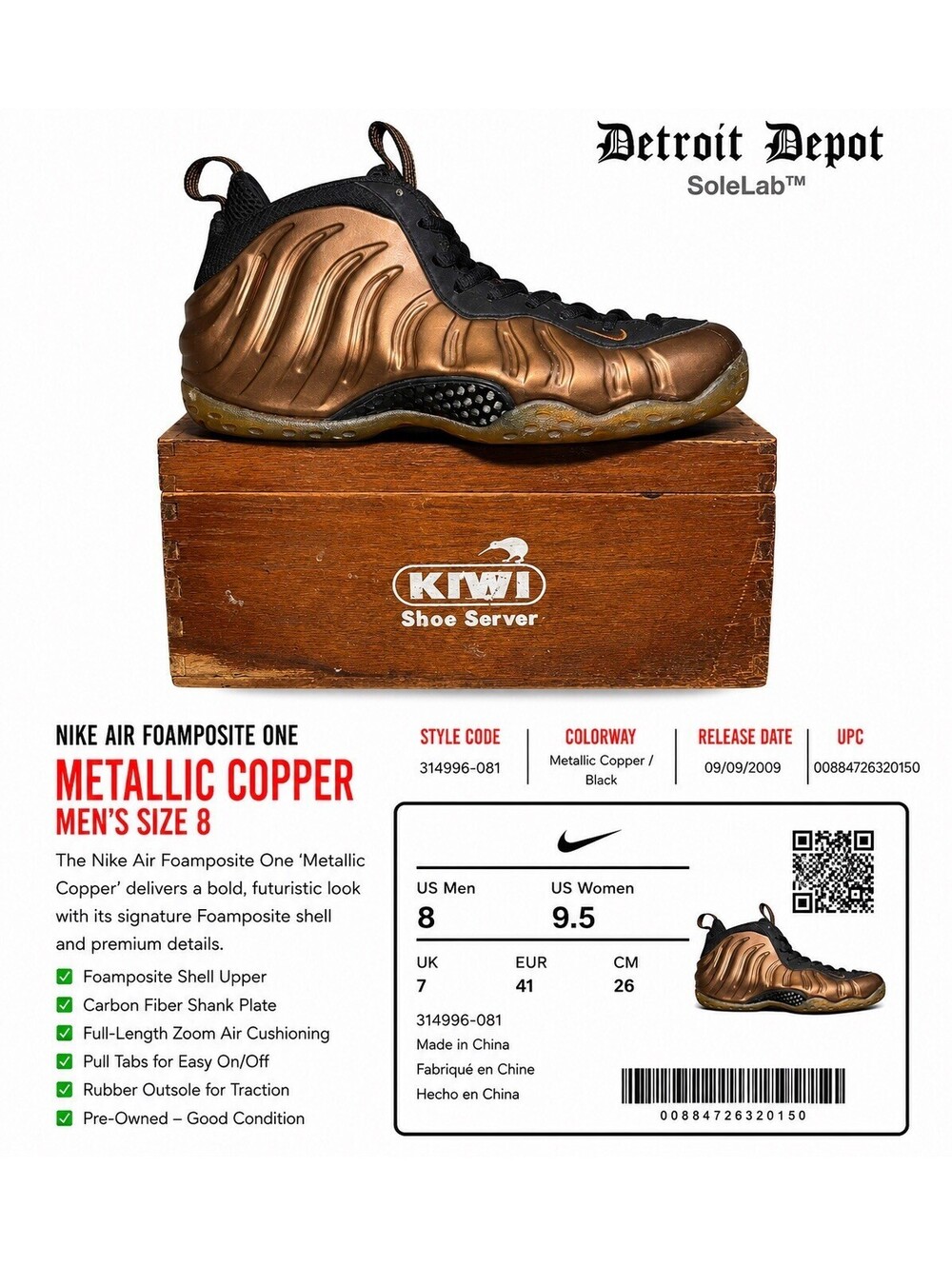 Nike Air Foamposite One Metallic Copper 2009 Sz 8 314996-081 Restored Clean
